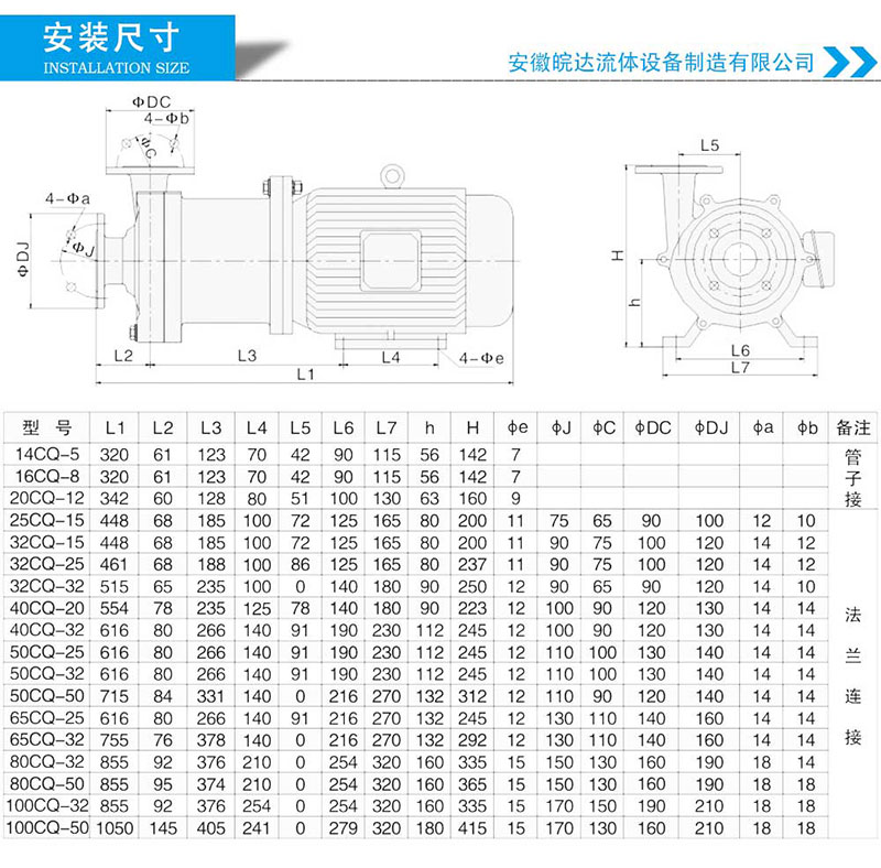 CQ不銹鋼磁力泵安裝尺寸